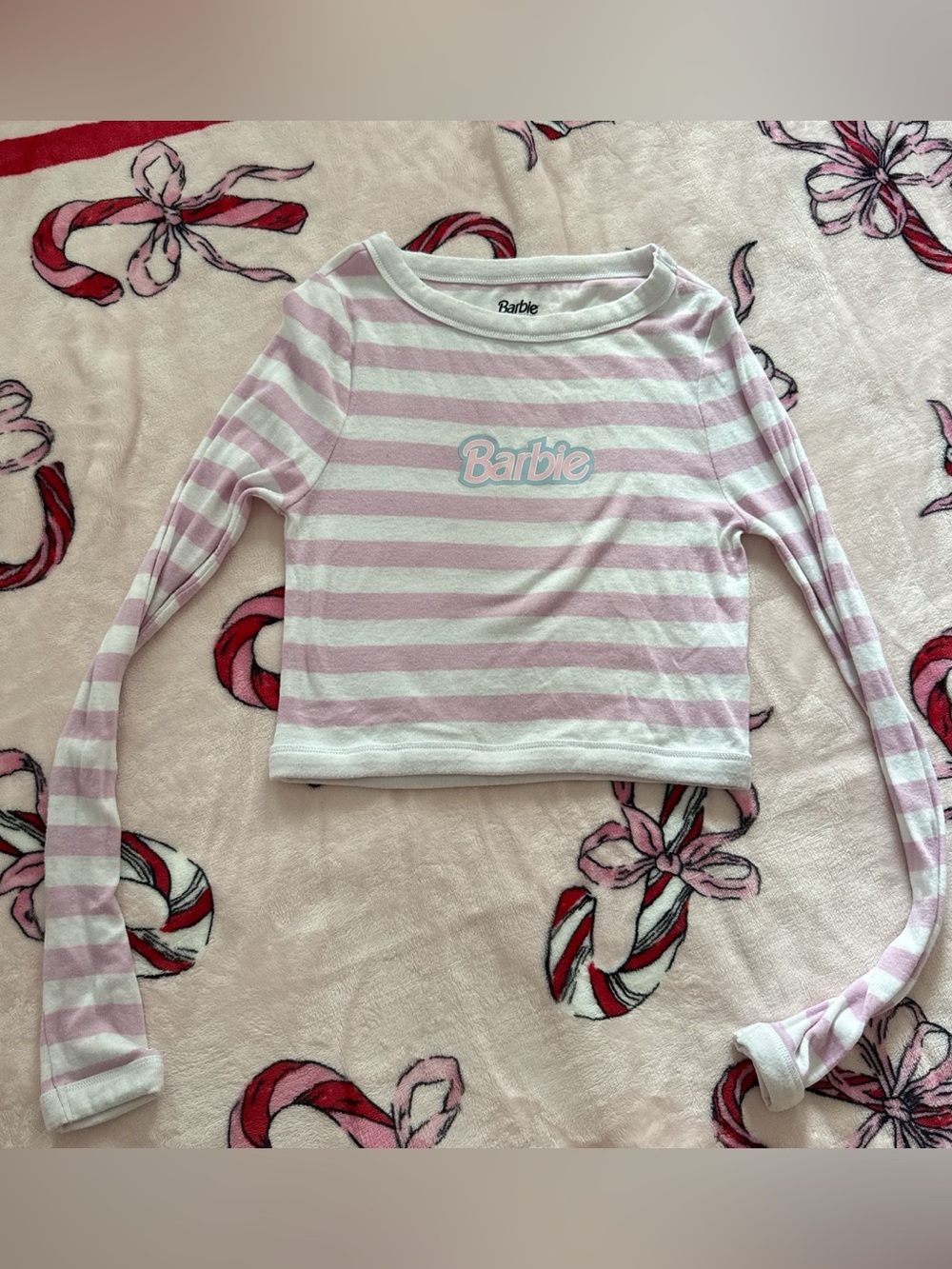 Pacsun Barbie pink and white striped long sleeve crop top S